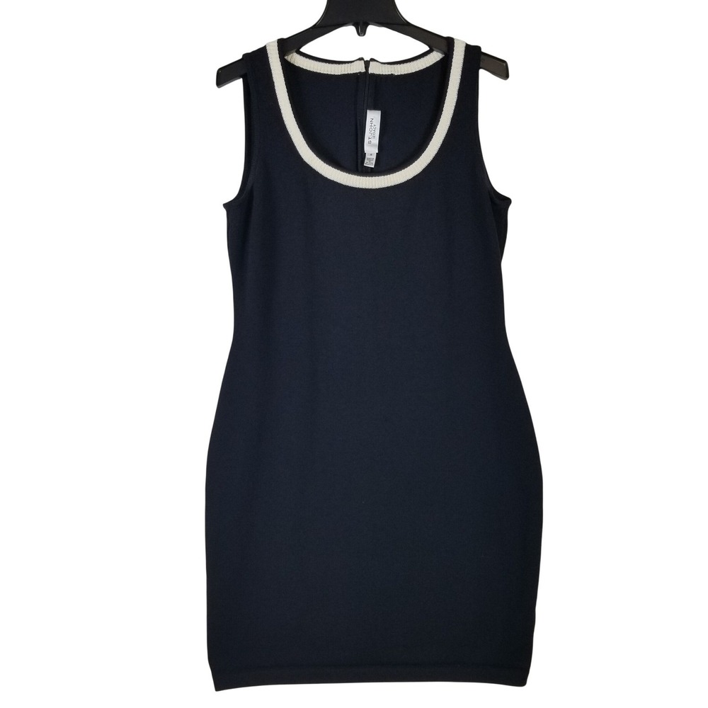St. John Legacy Sheath Dress Womens 10 Navy Blue Contrast Trim Knit Sleeveless